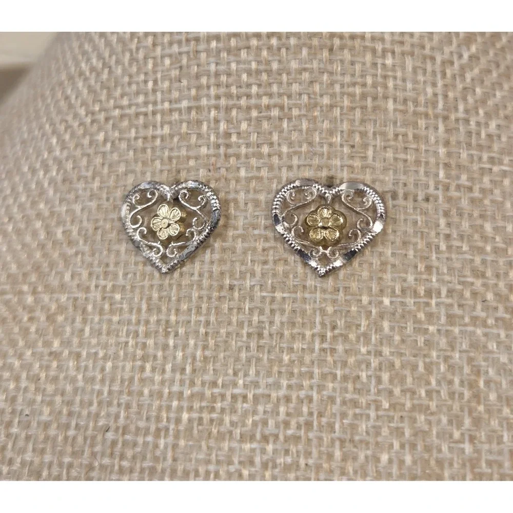 Vintage‎ Sterling Silver Filigree Heart Stud Earrings With 10k Gold Flowers